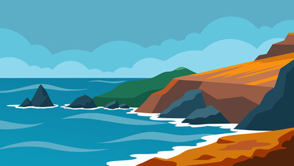 Colorful coastline landscape vector illustration depicting ocean cliffs and blue sky with clouds