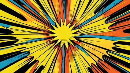 Explosive comic book style burst of yellow blue and orange rays against a black background with halftone dots