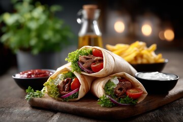 Delicious wraps filled with grilled meat, fresh vegetables, and sauces, served on a wooden board with crispy fries and condiments in a cozy dining setting