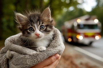 Adorable kitten wrapped in a soft towel, gazing curiously at the camera, with a blurred fire truck passing by on a tree-lined road, showcasing a heartwarming moment