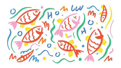 Obraz premium Stylized illustration of fish swimming among abstract shapes and lines in various colors
