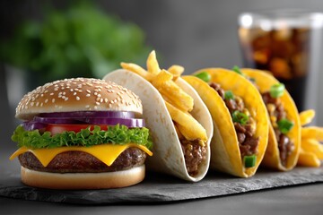 Delicious gourmet burger with sesame seed bun, fresh vegetables, and melted cheese alongside crispy fries and colorful tacos on a slate platter, showcasing a vibrant fast food feast