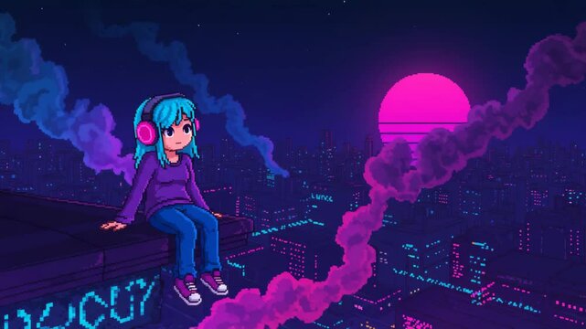 character pixel style hearing headphone rilexing on rooftop in the city