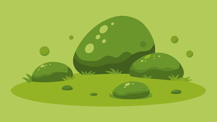 Green landscape illustration featuring rounded boulders and grass in a simple stylized environment