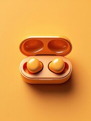 A pair of yellow wireless earbuds inside their open charging case on a yellow background surface view