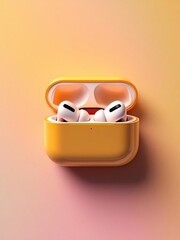Close up of white wireless earbuds in a yellow charging case on a gradient background surface view