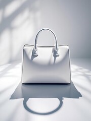 A white leather handbag with handles casting a shadow on a white surface with leaf shadows behind it