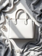 A white handbag on a draped gray fabric with rings and a flower on a white background in soft light