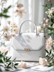 Elegant white handbag surrounded by delicate flowers in a bright and airy setting for a chic look