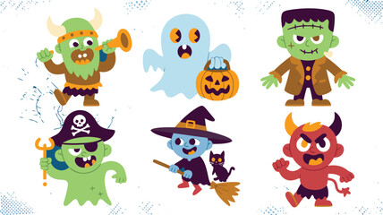Cartoon Halloween Characters Viking, Ghost, Frankenstein, Pirate, Witch, and Devil Illustration on White