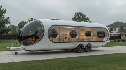 Sleek Silver Luxury RV with Circular Windows and Premium Interior Lighting