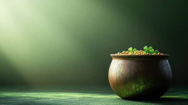Gold coins with in pot shamrocks green background St. Patrick's Day.