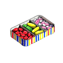 Colorful medicine tin with assorted pills