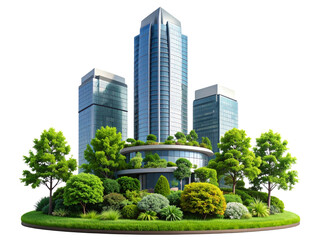 Fototapeta premium High-rise building, transparent PNG background with green grass and trees, architectural design 