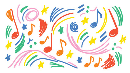 Colorful music notes and star shapes scattered across a white background in a playful composition