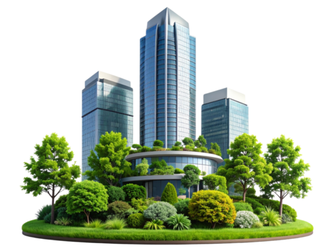 High-rise building, transparent PNG background with green grass and trees, architectural design - Powered by Adobe