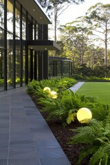 Modern building with large glass windows alongside a walkway, surrounded by lush green ferns and glowing spherical garden lights at dusk.