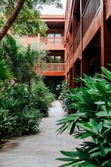 A serene walkway lined with lush green plants leads through a wooden balcony structure surrounded by tropical foliage.