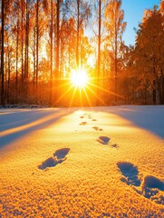 Golden sun rises through autumn trees, casting long shadows on snow-covered ground with fresh footprints leading into the forest.