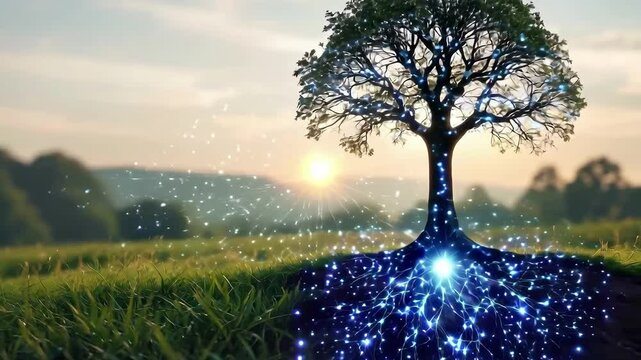 Glowing digital tree roots in sunset field representing biological connectivity and environmental technology