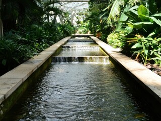 A serene indoor garden features a long rectangular water channel with small cascading waterfalls surrounded by lush tropical plants under a glass roof.