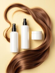 Hair care products with long brown hair strand on a pastel yellow background in a studio setting