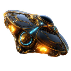 Futuristic spaceship design featuring intricate metallic details and glowing elements, resembling advanced technology in motion