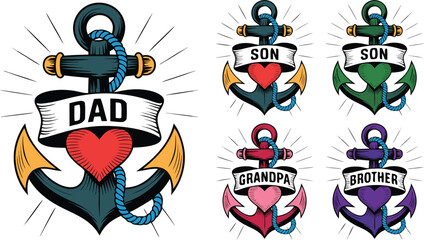 Fototapeta premium Nautical Anchor Tattoos Featuring Dad, Son, Grandpa, and Brother with Hearts and Banners on White