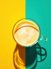 Aerial view of a glass mug filled with a creamy beverage on a two toned yellow and green background