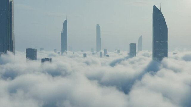 Skyline shrouded in clouds with modern buildings piercing sky