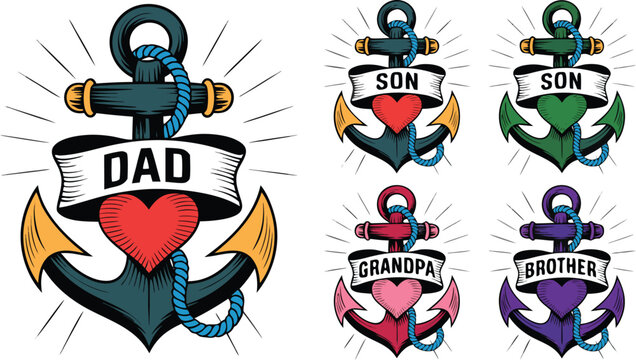 Nautical Anchor Tattoos Featuring Dad, Son, Grandpa, and Brother with Hearts and Banners on White