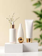 Elegant display of white and gold cosmetic products on white blocks with floral accents and green leaves