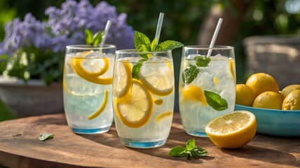 Fototapeta premium Refreshing Lemonade Drinks Served at a Summer Party – Citrus Beverages, Icy Cold Glasses, Vibrant Decor, and Cool Sips to Brighten Up Your Celebration