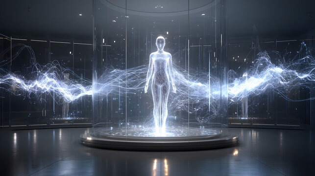 Radiant holographic human form illuminated by flowing data streams inside a clear AI chamber, representing digital intelligence and interconnected systems.