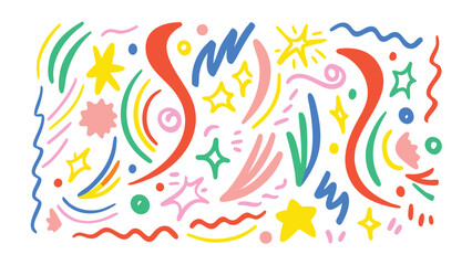 Colorful abstract shapes and lines pattern with stars and wavy lines on a white background design element