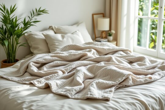 organic bamboo blanket with natural anti microbial properties, soft and silky, breathable weave, allergy resistant, bright airy bedroom, photoreal fabric texture and natural sunlight.