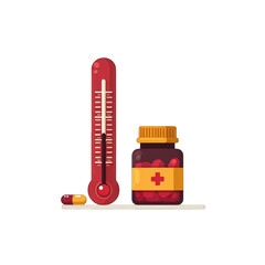 Red thermometer, pill bottle, and pills