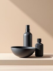 Still life of black bowl and bottles on a beige platform against a beige background with shadows