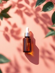 Amber dropper bottle on pink surface with leaf shadows creating a natural and aesthetic presentation