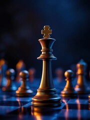 Close up of a golden chess king piece on a reflective board with other pieces in the background