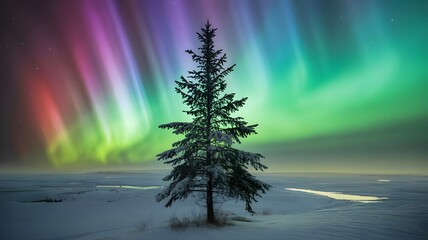 Snow-covered spruce tree beneath aurora borealis – Great for seasonal greetings, nature publications, or peaceful landscape visuals.