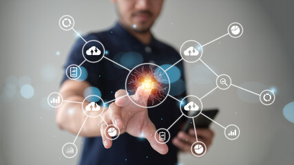 Businessman holding a smartphone, touch screen finger, borderless world concept, using technology to communicate, work, do transactions anywhere and anytime.