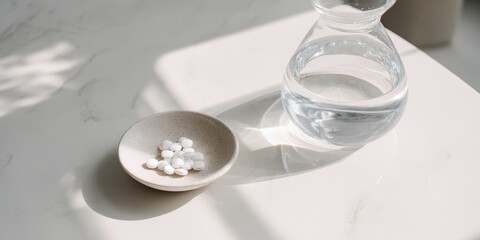 Minimalist Daily Vitamins with Glass Water Carafe &ndash; Sunlit Marble Flat Lay