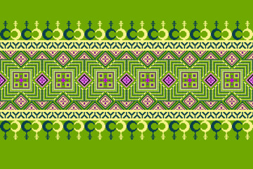 Pixel seamless pattern on green background with Geometric shapes and crescent moons .A tangible definition of a dream