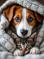 Dog and kitten snuggled together under a cozy blanket with adorable expressions on their faces close up
