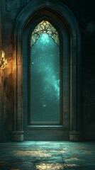 Looking Through Gothic Window at Night Sky with Stars and Galaxy