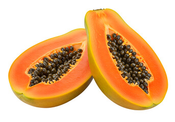Two halves of fresh ripe papaya with visible seeds isolated on white or transparent background. PNG format.