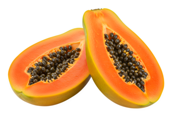 Two halves of fresh ripe papaya with visible seeds isolated on white or transparent background. PNG format.