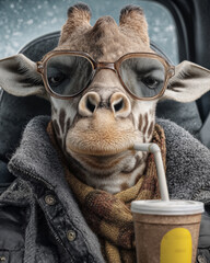 Obraz premium Cute giraffe wearing glasses and scarf is drinking coffee in the car.