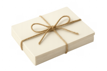 White cards neatly stacked, bound with twine, awaiting personalization against transparent backdrop
